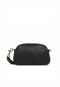 Borsa a mano in pelle nera con finitura testurizzata, forma rotonda, accessori in tono oro e una tracolla staccabile. Caratterizzata da una chiusura a zip.