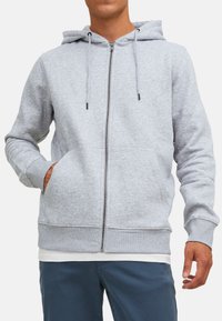 Gray zip-up hoodie with drawstrings, front pockets, and ribbed cuffs. Made of soft, textured fabric, featuring a relaxed fit.