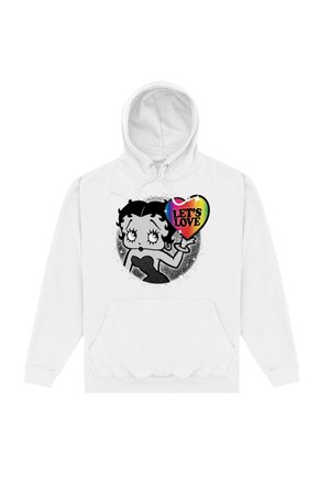 Biały hoodie z czarną grafiką postaci z kreskówek z jasnym sercem, na którym napisano "KOCHAJMY". Zawiera kieszeń z przodu oraz kaptur ze sznurkiem.