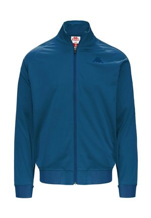 Giacca Kappa blu con zip, polsini e orlo a costine, colletto alto e logo ricamato sul petto sinistro.
