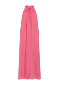 Robe maxi rose sans manches avec un détail de lien au cou en style halter, silhouette fluide et tissu léger.