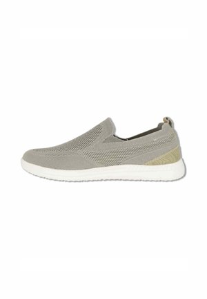 Sneaker slip-on grigio chiaro con tomaia in maglia, sostegno beige per il tallone, suola bianca e linguetta posteriore.