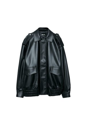 Black faux leather jacket with wide collar, shoulder epaulets, front flap pockets, and elastic gathered hem, laid flat on white background.