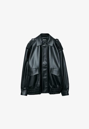 Black faux leather jacket with wide collar, shoulder epaulets, front flap pockets, and elastic gathered hem, laid flat on white background.
