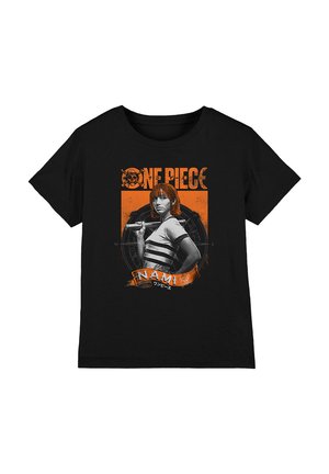 Black t-shirt featuring a graphic print of a character from One Piece, with orange accents and text, and a circular design in the background.