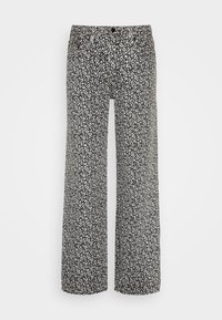 Pantalones de pierna ancha negros con un patrón floral blanco, cintura elástica y cierre frontal con botón. Tejido suave y ligero.