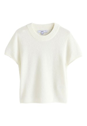 White short-sleeve knit sweater with ribbed crew neck and slight texture, labeled “NEXT.”
