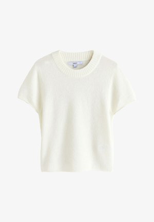 White short-sleeve knit sweater with ribbed crew neck and slight texture, labeled “NEXT.”