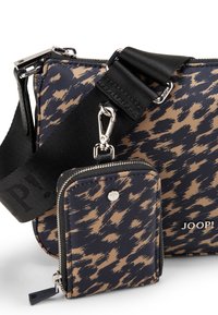 Borsa a tracolla con motivo blu navy e beige, con finitura testurizzata, dotata di cerniera argentata e accessori a pressione, borsetta piccola removibile.