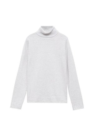 Pull à col roulé gris clair avec des manches longues, en tissu doux. Doté d'un col et de poignets côtelés pour ajouter de la texture.