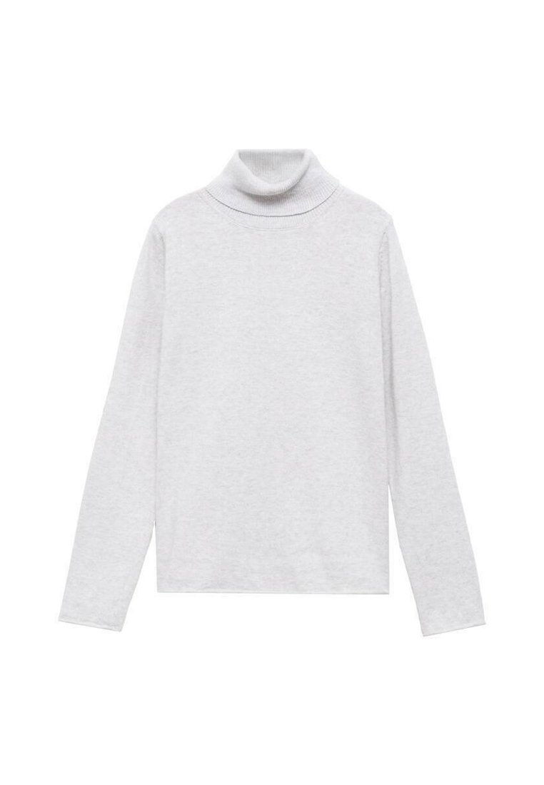 Svetlo sivi pulover s turtleneck ovratnikom in dolgimi rokavi, narejen iz mehkega blaga. Ima rebraste ovratnike in manšete za dodatno teksturo.