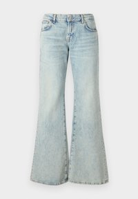 Light blue high-waist denim jeans with a wide flare leg, front pockets, belt loops, and button closure.