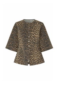 Kurzarmjacke mit einem Leopardenmuster in Braun und Schwarz, mit Rundhalsausschnitt und vorderem Knopfverschluss. Stoff aus Baumwollmischung.