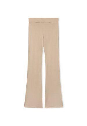 Leggings beige a zampa d'elefante realizzati in un tessuto morbido. Presentano una vita ampia ed elastica e una silhouette slanciata con una gamba inferiore a zampa.