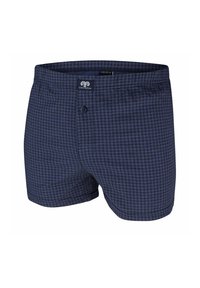 Navy blue boxer shorts in a houndstooth pattern, featuring a button closure and a smooth fabric texture. Brand label visible at the waistband.
