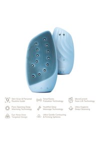 Blå silikon ansiktsrengöringsapparat med strukturerad yta, ergonomisk form och metalliska accenter. Har flera teknikikoner nedanför.