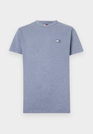 T-shirt cinza de gola redonda, feito de algodão suave, com mangas curtas. Apresenta um pequeno logotipo colorido na parte esquerda do peito.