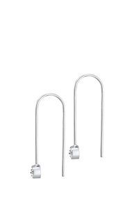 Boucles d'oreilles pendantes en argent avec de longs crochets et des accents ronds ornés de cristaux transparents. Design épuré et minimaliste avec une finition polie.