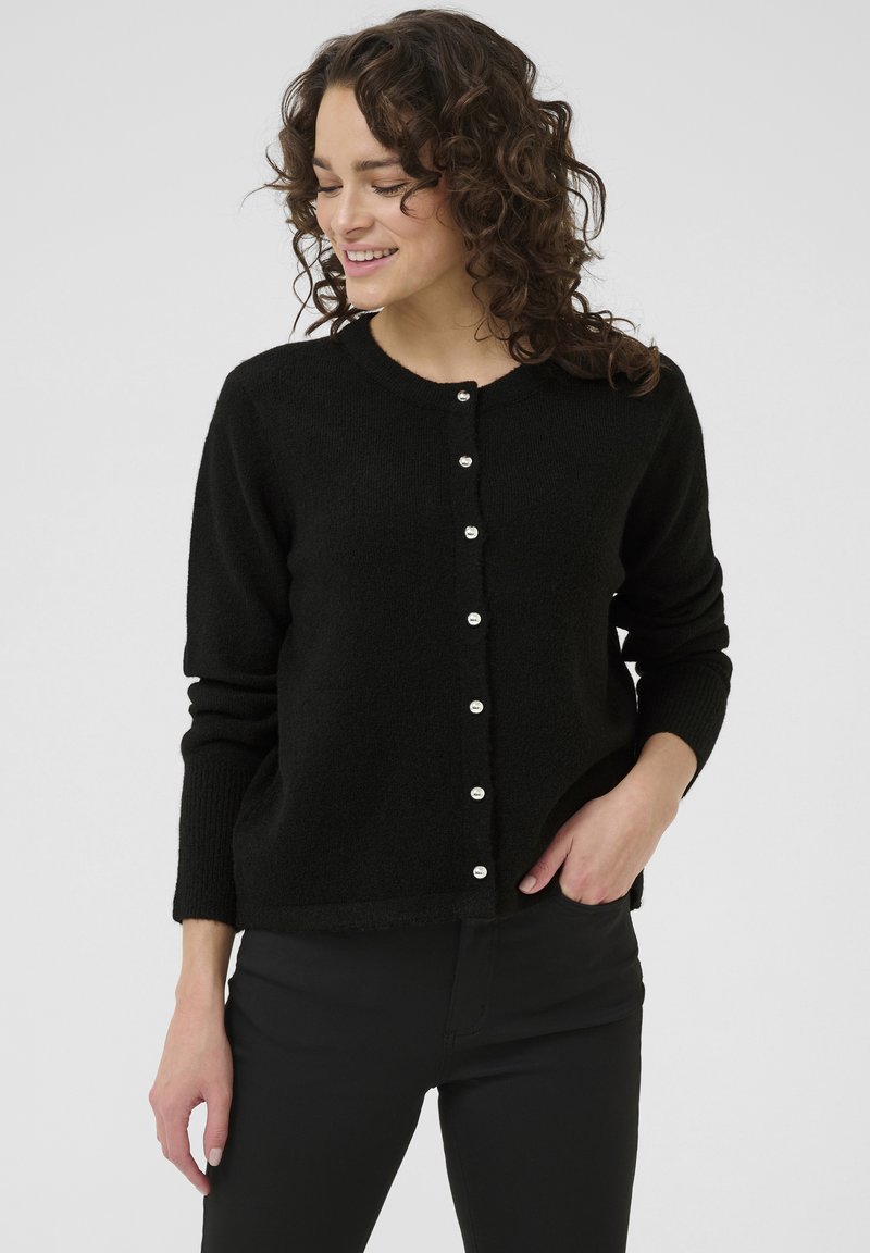 Zwarte cardigan van zacht materiaal, met een ronde halslijn, lange mouwen en knopen aan de voorkant met een licht gestructureerde afwerking.