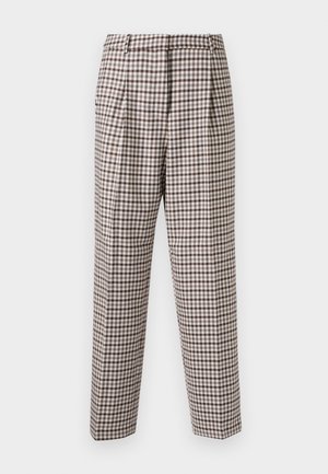 Tamsiai rudos ir baltos langų rašto kelnės, su raukšlėmis priekyje, tiesiu siluetu ir lygia tekstūra. Tinka įvairioms progoms.