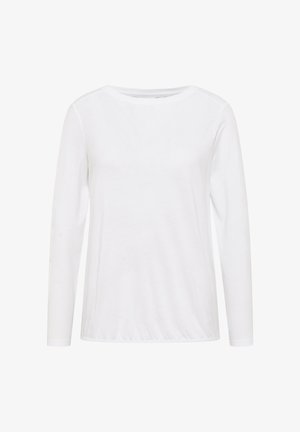 Biała koszulka z długim rękawem, wykonana z miękkiej bawełny. Posiada okrągły dekolt oraz luźny krój, z lekko zgromadzonym dołem.