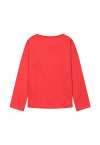 Langärmliges rotes T-Shirt aus weicher Baumwolle. Hat einen runden Halsausschnitt und einen geraden Schnitt, mit Steppnähten entlang des Saums und der Ärmel.