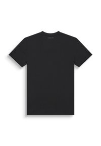 Camiseta de algodón negra con mangas cortas, cuello redondo y diseño sencillo. Presenta un sutil logo de la marca impreso en la parte posterior.