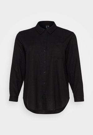 Chemise noire à manches longues avec un col, une poche avant et un ourlet arrondi. Fabriquée dans un tissu lisse et léger.