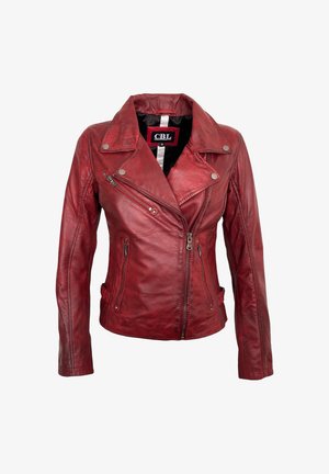 Rode leren bikerjack met asymmetrische voorrits, ritssluitingen op de zakken, kraag met drukknoop en aansluitende taille, maat 36.