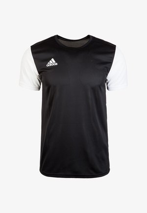 T-shirt atletico a maniche corte bianco e nero con collo rotondo, caratterizzato da un logo Adidas sulla parte sinistra del petto. Realizzato in tessuto traspirante.