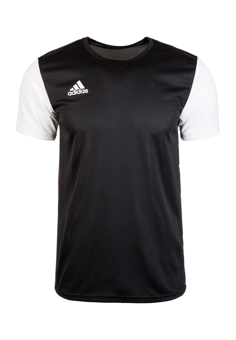 Schwarz-weiße kurzärmlige Sport-T-Shirt mit Rundhalsausschnitt, mit einem Adidas-Logo im linken Brustbereich. Aus atmungsaktivem Stoff gefertigt.