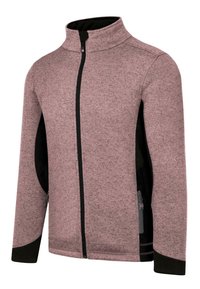 Fleecejacke in Hellpink mit hohem Kragen, durchgehendem Reißverschluss, schwarzen seitlichen Akzenten und seitlichem Reißverschlussfach. Glatte Textur, sportliche Passform.