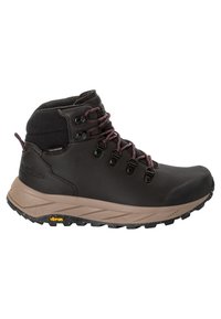 Wanderschuh mit schwarzem synthetischem Obermaterial, brauner Dämpfungsmittelsohle und Gummi-Vibram-Außensohle. Verfügt über Metallösen und Schnürsenkel zum Befestigen.