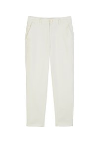 Pantalones color crema con un diseño de pierna recta, hechos de algodón. Presentan bolsillos delanteros y un cierre frontal con botón.