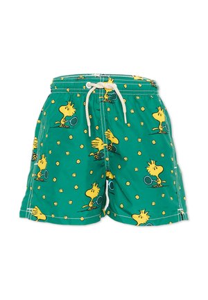 Zielone kąpielówki z żółtymi, kreskówkowymi ptakami grającymi w tenisa i żółtym wzorem piłek tenisowych, z białym sznurkiem w pasie.