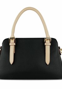 Borsa a tracolla in pelle nera con manico liscio color crema. Presenta accessori in oro e cinture regolabili, forma strutturata e chiusura con zip.
