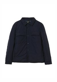 Giacca isolante blu navy con colletto, chiusura a bottoni a scatto, due tasche frontali e superficie testurizzata.