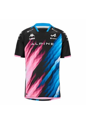 Zwart sportshirt met korte mouwen met roze en blauwe hoekige patronen, "ALPINE" logo in het midden en meerdere sponsorlogo's op borst en mouwen.
