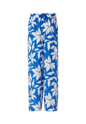 Blaue Hose mit weitem Bein, großem weißem Blumenmuster und elastischem Bund.