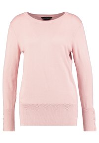 Jasnoróżowy sweter z okrągłym dekoltem, z prążkowanym końcem i mankietami, z ozdobnymi guzikami i koronkowymi detalami na dole.