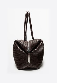Woven brown leather handbag with a triangular zip closure and two braided handles. Features a textured surface and a flat base.