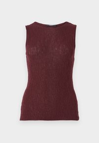 Top fără mâneci de culoare burgundă, realizat dintr-un material texturat cu un model subtil de dungi, având un decolteu rotund și un design ajustat.
