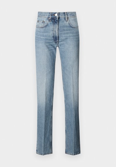 Jeans de denim azul claro com cintura alta, design de perna reta e desvanecimento suave. Apresenta um fecho de botão e um estilo clássico de cinco bolsos.