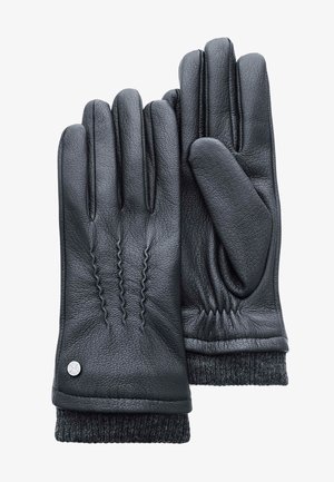 Crne kožne rukavice s teksturiranim završetkom, s dekorativnim šavovima na stražnjoj strani i pletivom na zapešću radi dodatne topline.