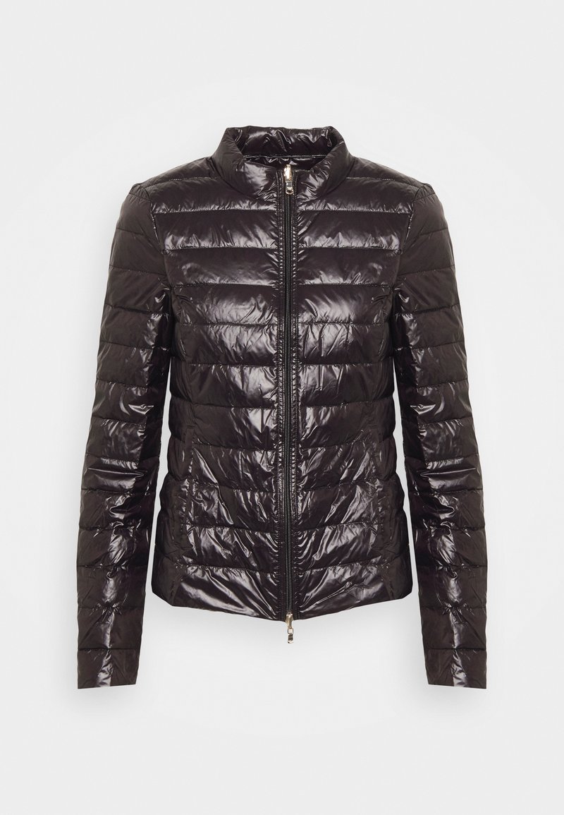 Black shiny quilted jacket with stand collar and front zipper, long sleeves, and horizontal stitching across body and arms.