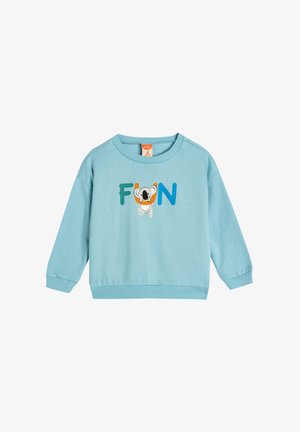 Himmelblaues Sweatshirt mit langen Ärmeln, gerippten Bündchen und Saum. Mit "FUN" in bunten Buchstaben und einer Koala-Grafik in der Mitte.