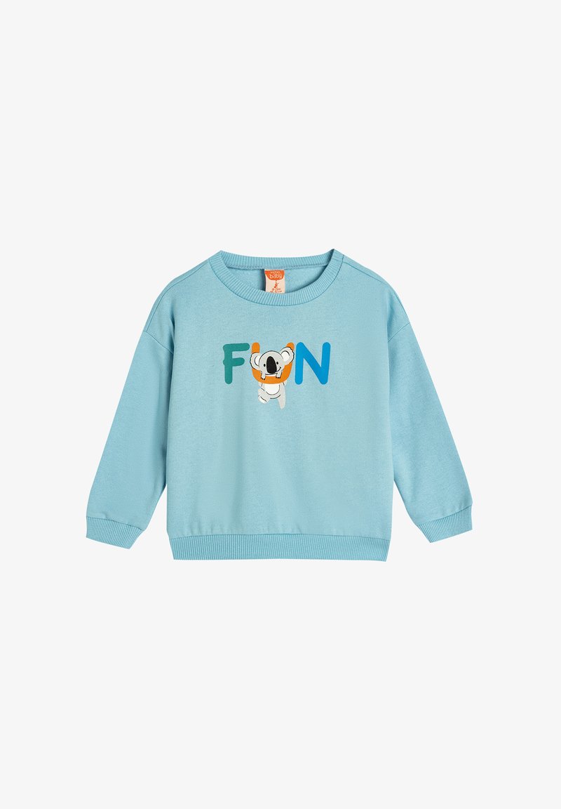 Lichtblauwe sweatshirt met lange mouwen, geribbelde manchetten en zoom. Voorzien van "FUN" in kleurrijke letters en een koala graphic in het midden.