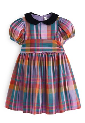 Robe à carreaux multicolores avec des manches bouffantes et un col en velours noir. Tissu en coton avec une jupe plissée et une fermeture à boutons au dos.