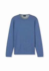 Langärmliges Crew-Neck-Shirt aus einfarbigem blauen Stoff. Weiche Textur mit lockerer Passform und genähten Akzenten am Halsausschnitt.