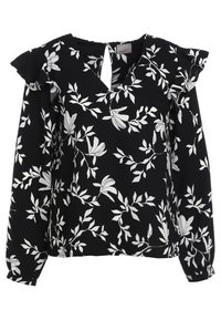 Blusa nera con motivo floreale bianco, con spalle arricciate e scollatura a chiave. Realizzata in tessuto leggero e texturizzato. Maniche lunghe.
